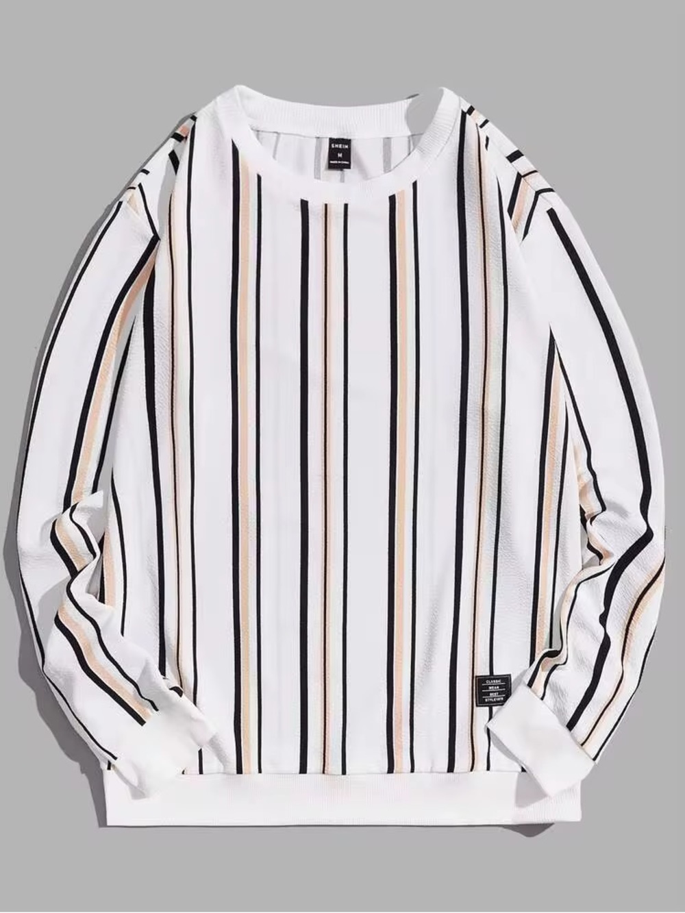 SHEIN White Crewneck Sweater with Black & Tan Stripes